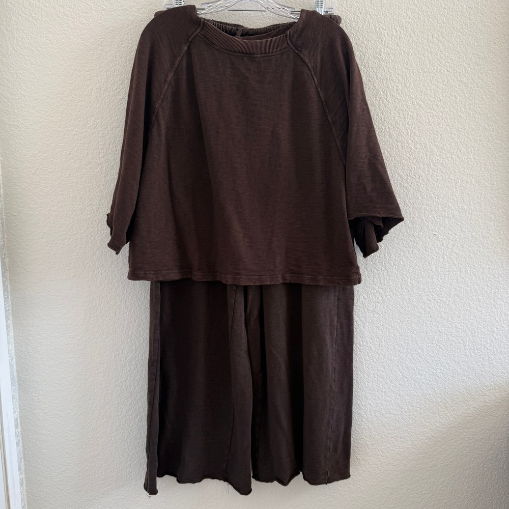 Aerie Brown 100% Cotton Slub Knit Lounge Set Crop Top L Wide Leg Pants M